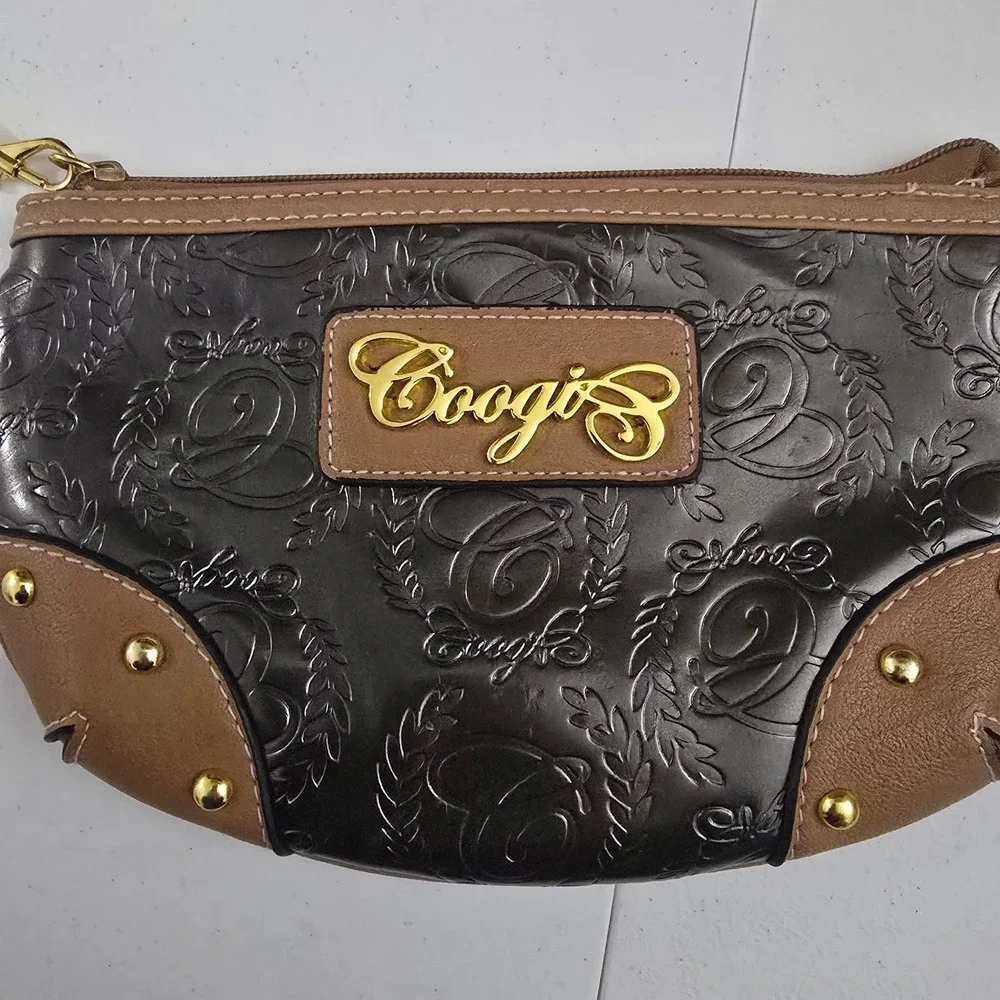 Coogi Womens Brown Embossed Monogram Wristlet Clutch Gold Hardware Studded Bag